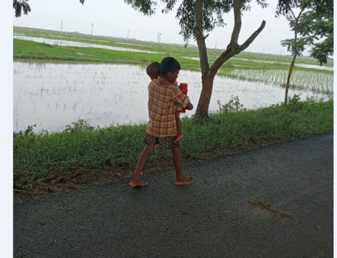 Baby Sister on his shoulder instead of School Bag